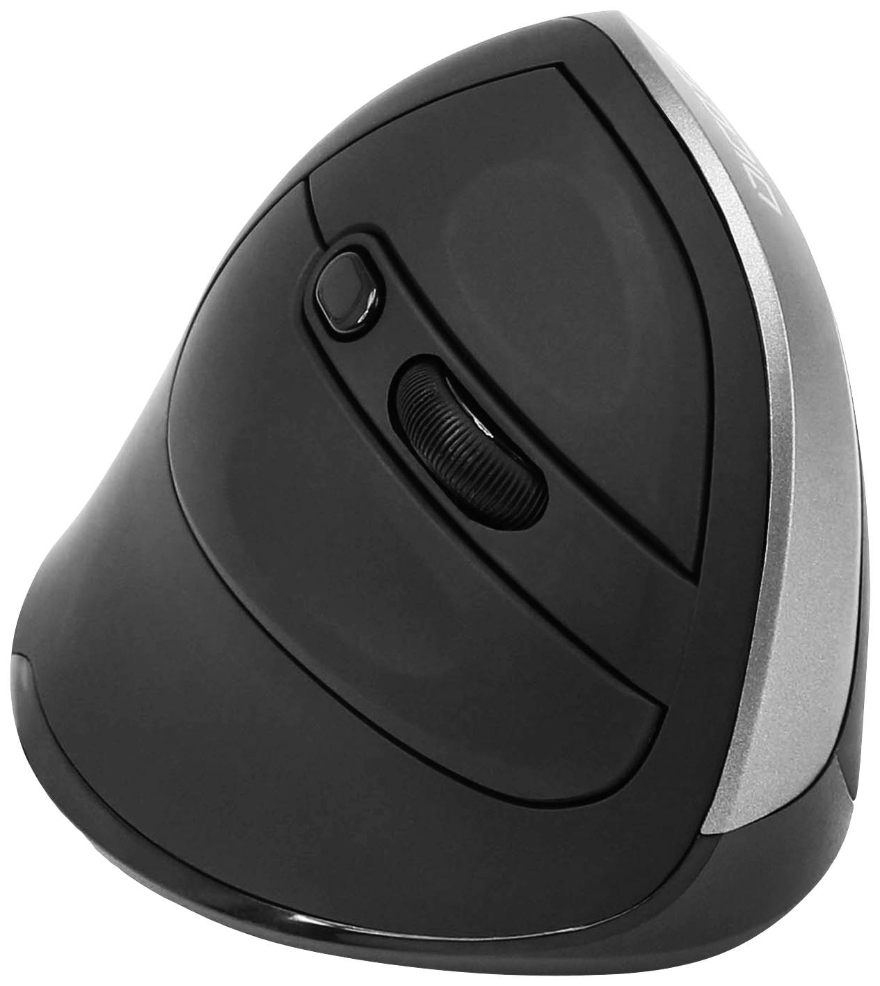 Ergonomická vertikálna počítačová myš v čiernej farbe, ktorá podporuje prirodzenú polohu ruky a poskytuje pohodlie počas práce.