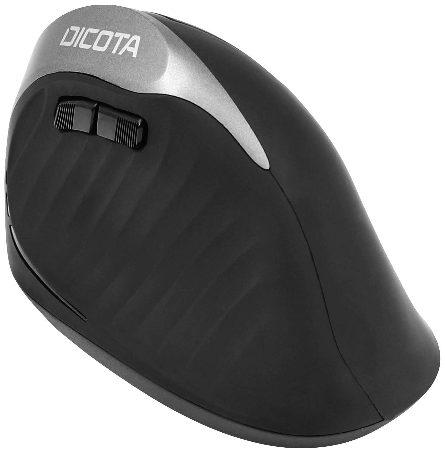 Vertikálna ergonomická počítačová myš s dvoma tlačidlami a rolovacím kolieskom, čierna s logom značky v sivej farbe.