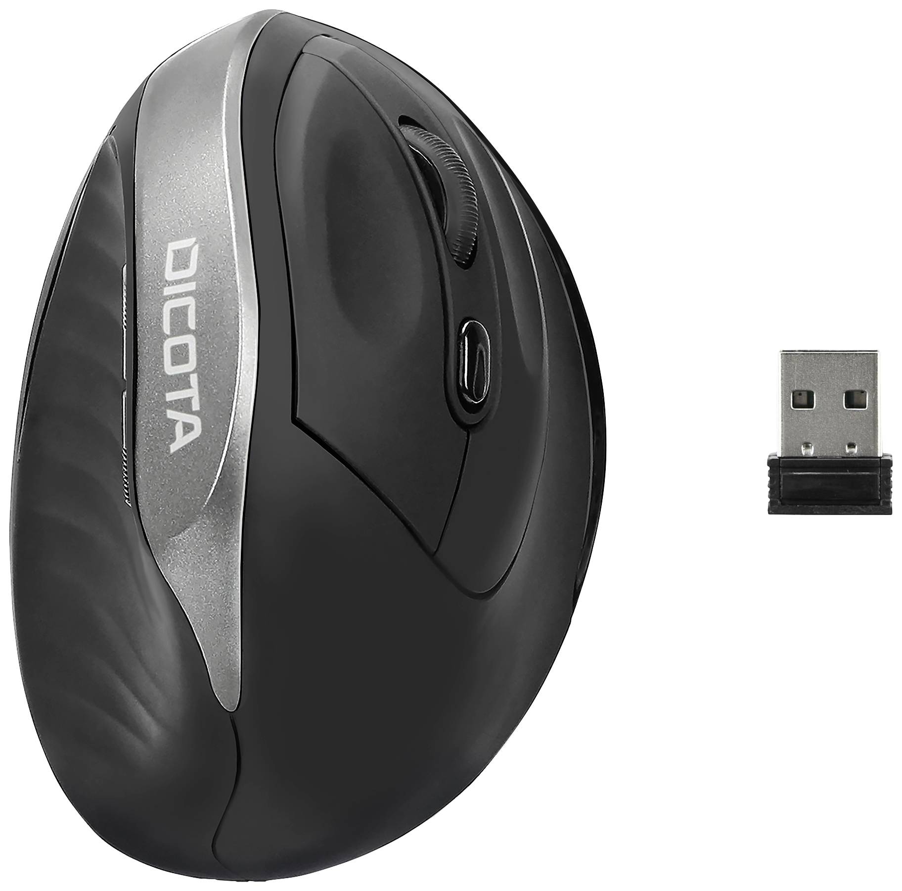 Bezdrôtová, ergonomická čierna myš so strieborným akcentom. Obsahuje USB prijímač na pripojenie k počítačom.