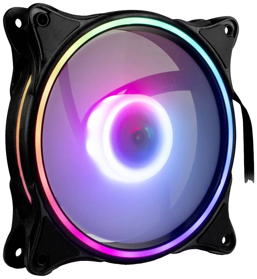 Počítačový ventilátor v čiernej farbe s RGB podsvietením, ktorý svieti v rôznych farbách.
