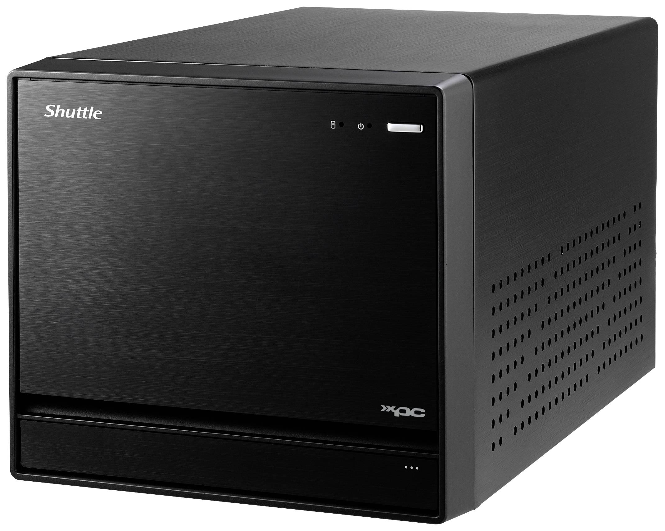 Čierna skrinka pre shuttle PC s jednoduchým dizajnom. Pohľad spredu ukazuje prednú dosku a vetracie otvory.
