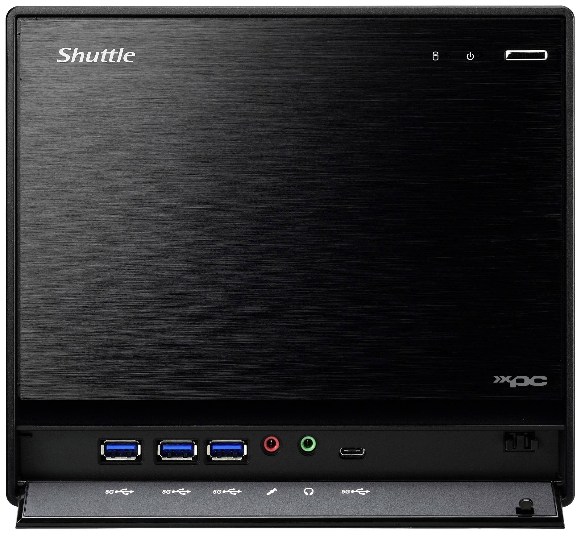 Kompaktná čierna PC skrinka s troma USB portami, audio konektormi a hlavným vypínačom vpredu. Názov značky v ľavom hornom rohu.