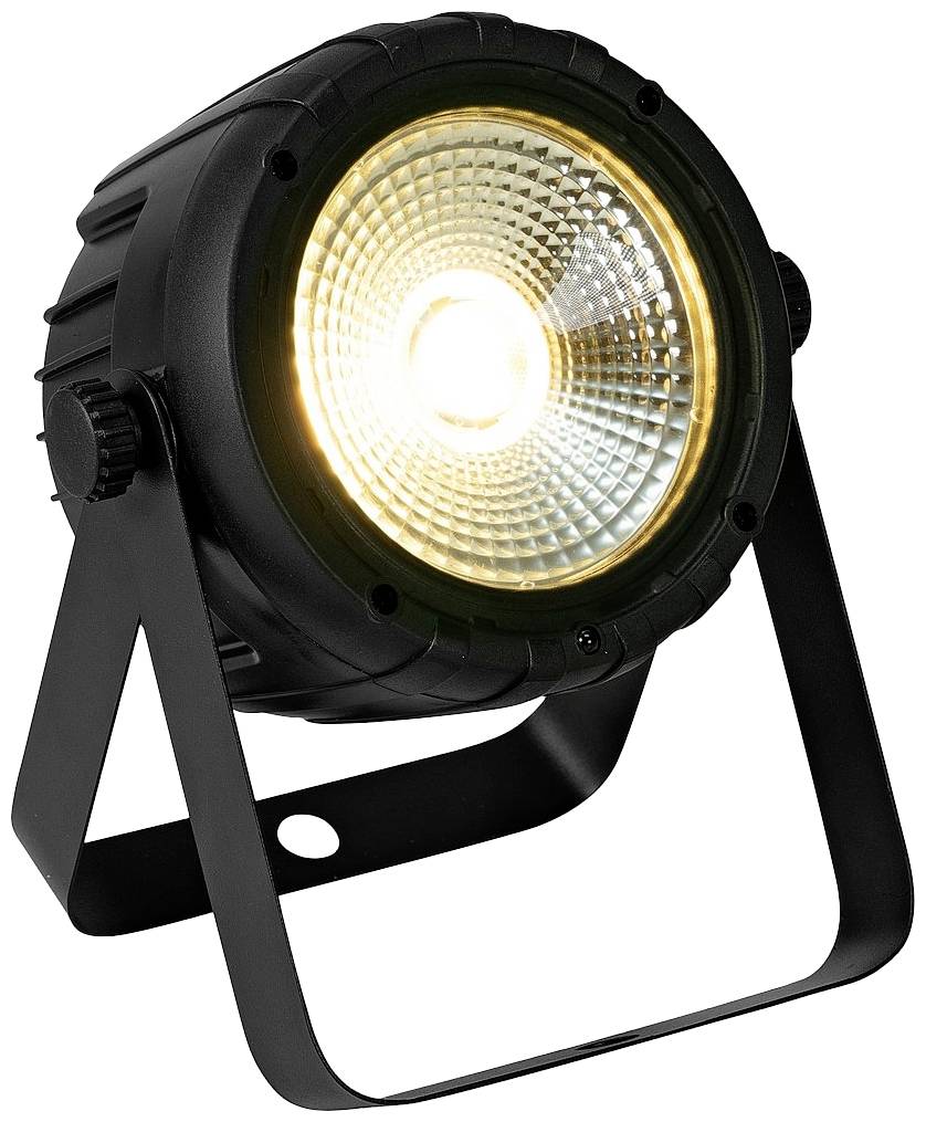 Čierny LED reflektor na pódium s kruhovým reflektorom a teplým bielym svetlom na nastaviteľnom stojane.