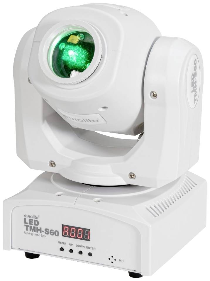 Biely LED reflektor so zeleným svetelným lúčom, model 'euroLite LED TMH-S60', umiestnený na základni s ovládacím panelom a displejom.