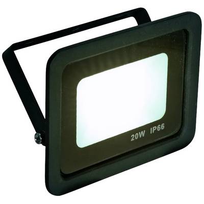 Čierny LED reflektor s označením '20W IP66' ukazuje svoju svetelne žiariacu prednú stranu. Vhodný do exteriéru.