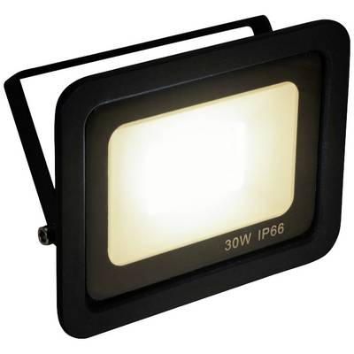 Čierny LED reflektor s bielym svetlom, označený '30W IP66', vhodný pre vonkajšie osvetlenie a odolný voči poveternostným vplyvom.