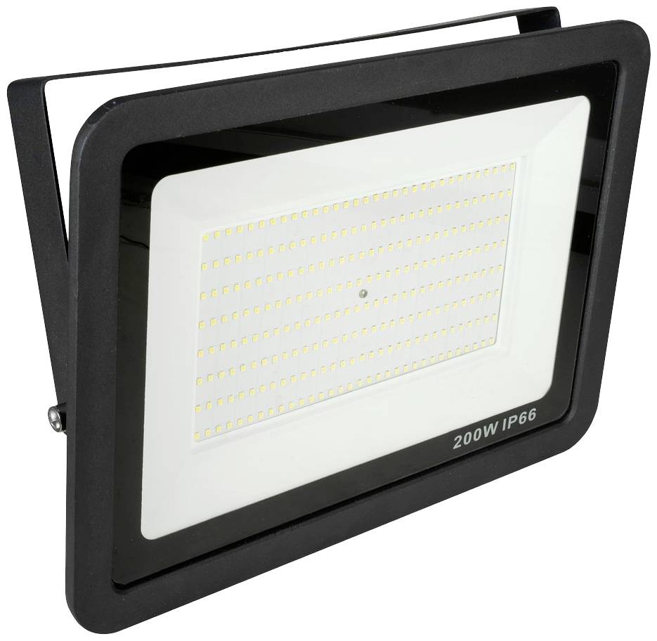 Čierny LED reflektor s výkonom 200W a stupňom krytia IP66, vhodný do exteriéru.