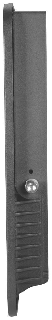 Čierny, obdĺžnikový predmet v bočnom pohľade s vrúbkovanou rukoväťou a malým kovovým nitom v strede.