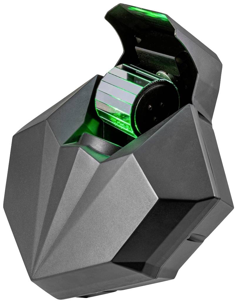 Čierno a zeleno osvetlené zariadenie s futuristickým dizajnom, pravdepodobne senzor alebo skener, umiestnené v geometrickom kryte.
