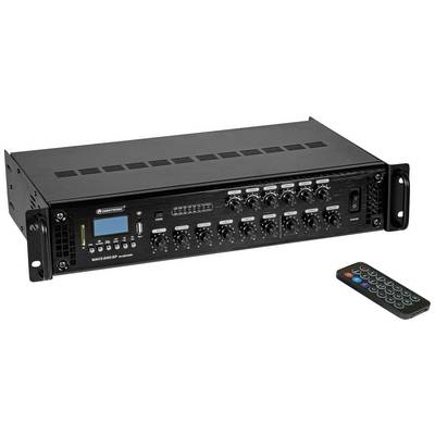 Čierny audiomixer s viacerými otočnými gombíkmi a digitálnym displejom na ľavej strane. Vedľa neho leží diaľkový ovládač.
