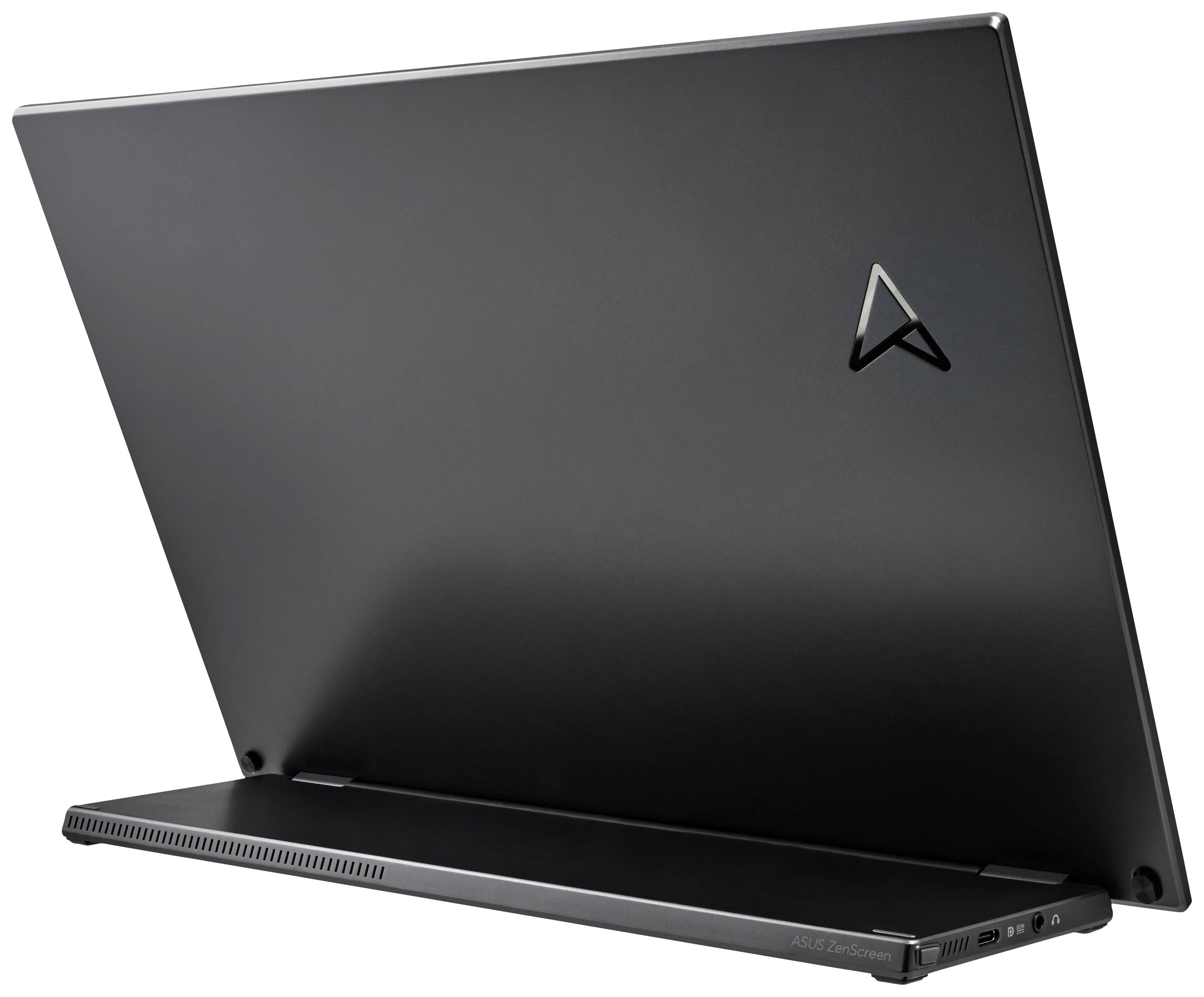 Čierny laptop, čiastočne zobrazený zozadu. Na veku je viditeľné štylizované logo.