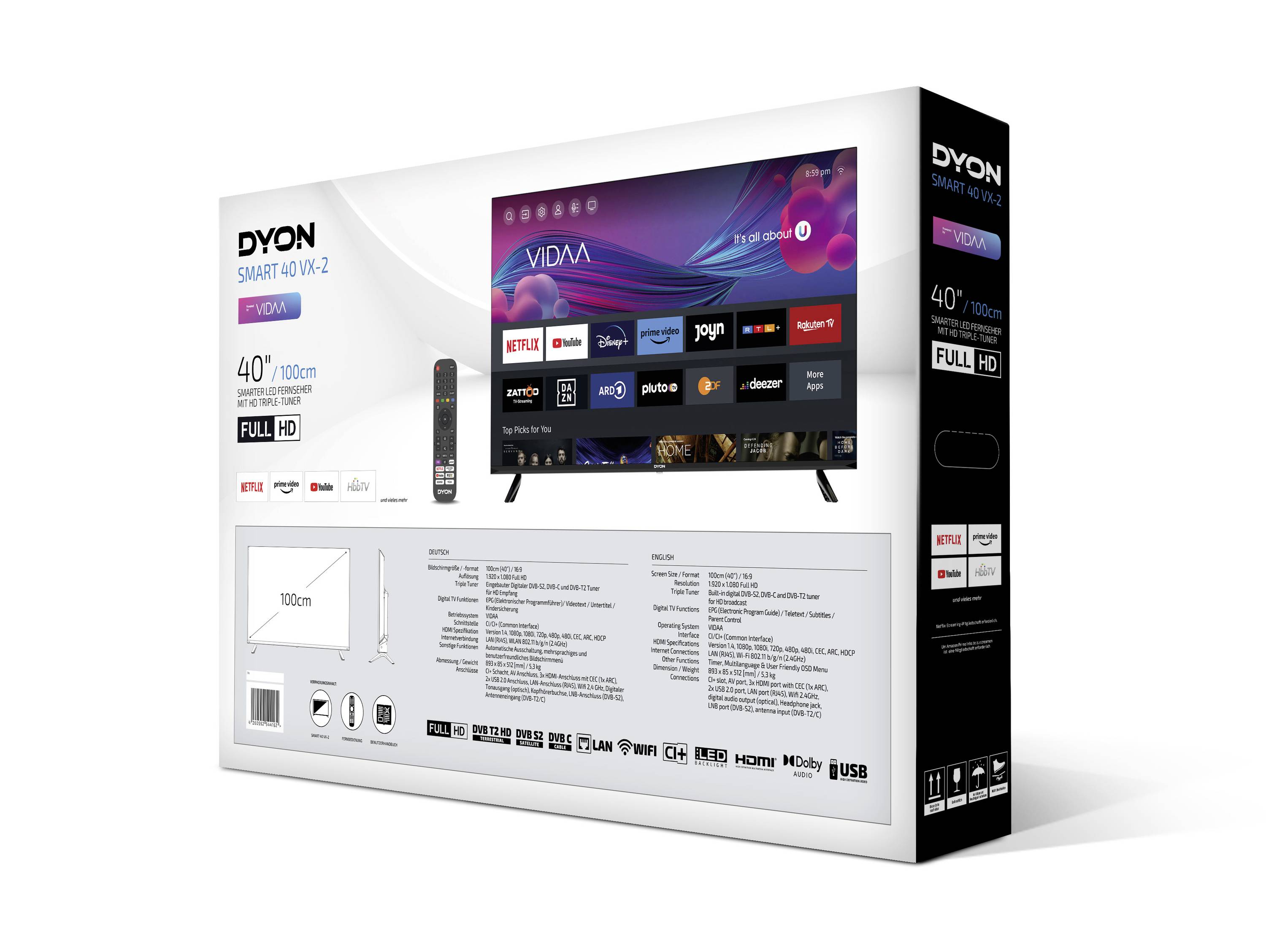 Škatuľa od televízora pre 'DYON SMART 40 XT 2' zobrazuje pohľad spredu na televízor so streamovacími aplikáciami ako Netflix, YouTube a Prime Video.