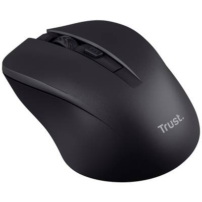 Bezdrôtová čierna počítačová myš s ergonomickým dizajnom, bočným kolieskom a logom 'Trust'.