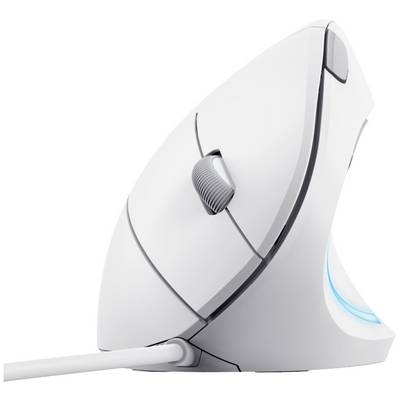 Vertikálna ergonomická počítačová myš v bielej farbe s modrým svetelným efektom a dodatočným posuvným kolieskom na boku.
