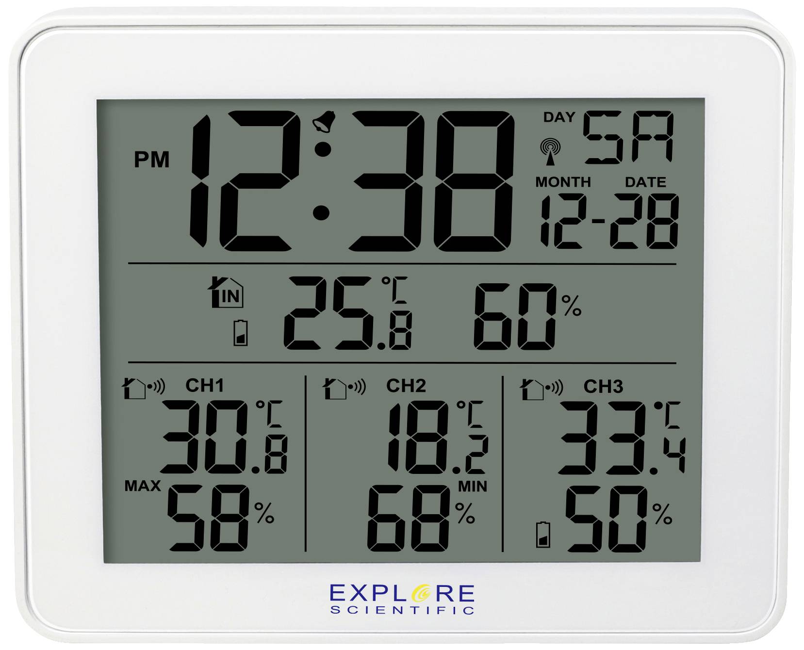 Digitálna meteorologická stanica zobrazuje čas '12:38', dátum '12-28', vnútornú teplotu '25,6°C', vlhkosť vzduchu '60%'. Tri vonkajšie senzory merajú rôzne teploty a vlhkosti.