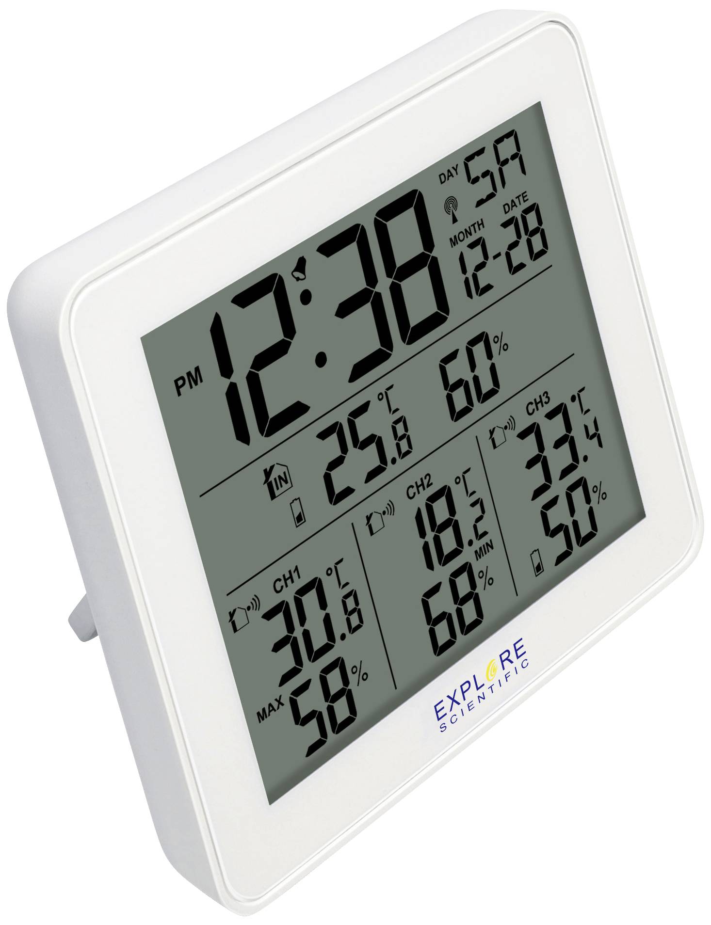 Digitálny teplomer s časom (12:38), dátumom (So, 28.12.), teplotou (25,8°C) a vlhkosťou vzduchu (60%).