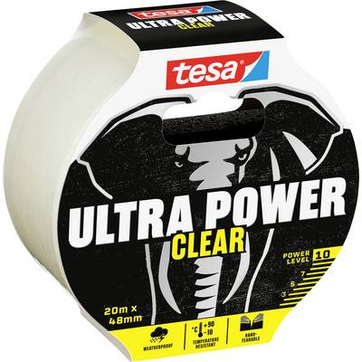 Priehľadná lepiaca páska s označením 'Ultra Power Clear'. Vlastnosti zahŕňajú úroveň sily 10, veľkosť 20m x 48mm, odolnosť voči poveternostným vplyvom a ľahké trhanie.