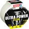 Priehľadná lepiaca páska s označením 'Ultra Power Clear'. Vlastnosti zahŕňajú úroveň sily 10, veľkosť 20m x 48mm, odolnosť voči poveternostným vplyvom a ľahké trhanie.