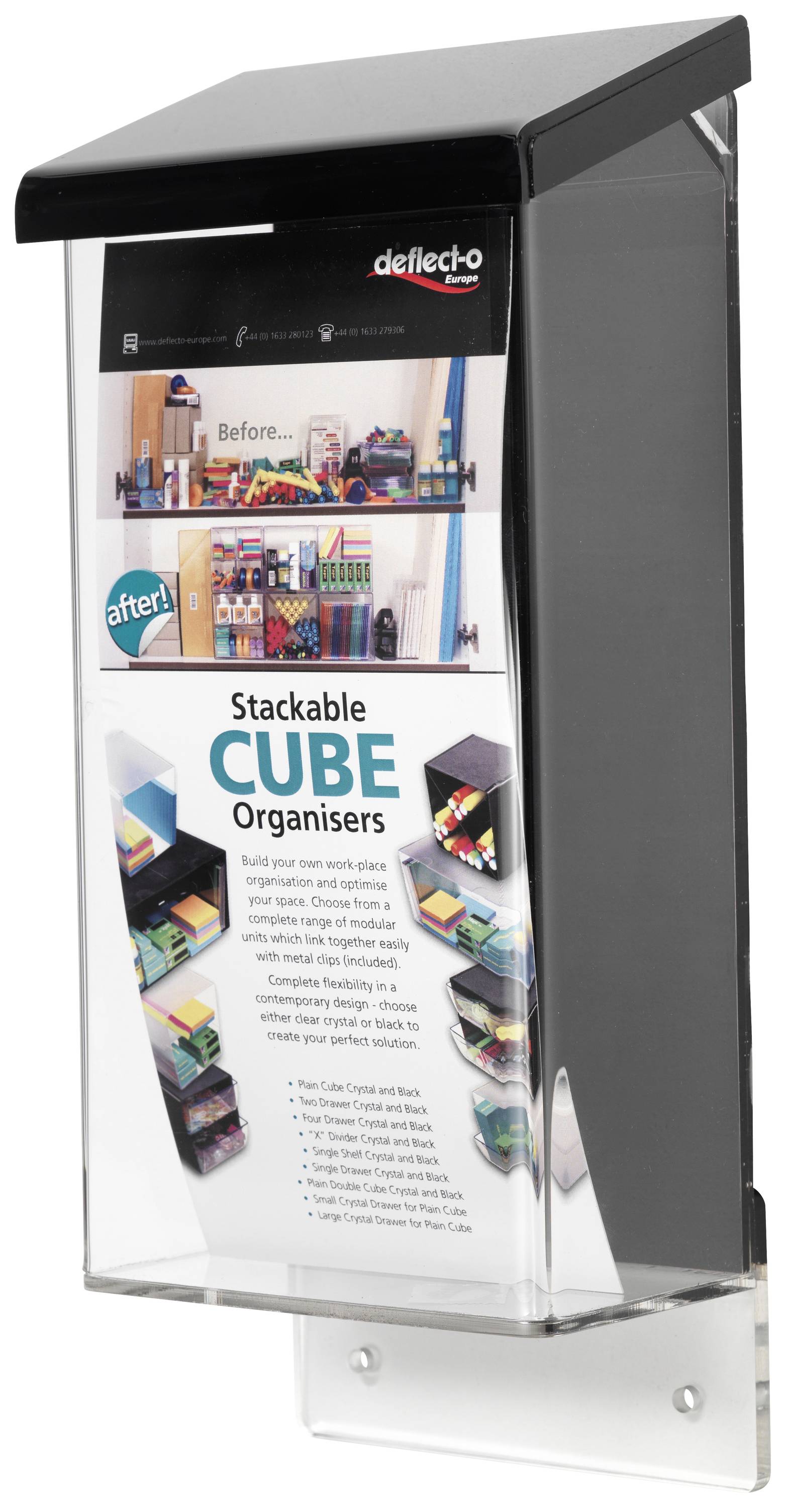 Propagačný stojan s reklamným letákom prezentujúcim modulárne CUBE organizéry a ich rôzne možnosti využitia.