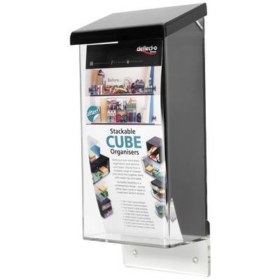 Propagačný stojan s reklamným letákom prezentujúcim modulárne CUBE organizéry a ich rôzne možnosti využitia.
