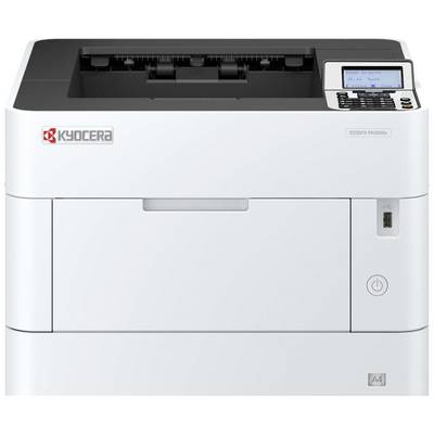 Biely laserový tlačiar Kyocera s ovládacím panelom v pravom hornom rohu. Ideálny pre kancelárske použitie, tlačiaci dokumenty vo formáte A4.