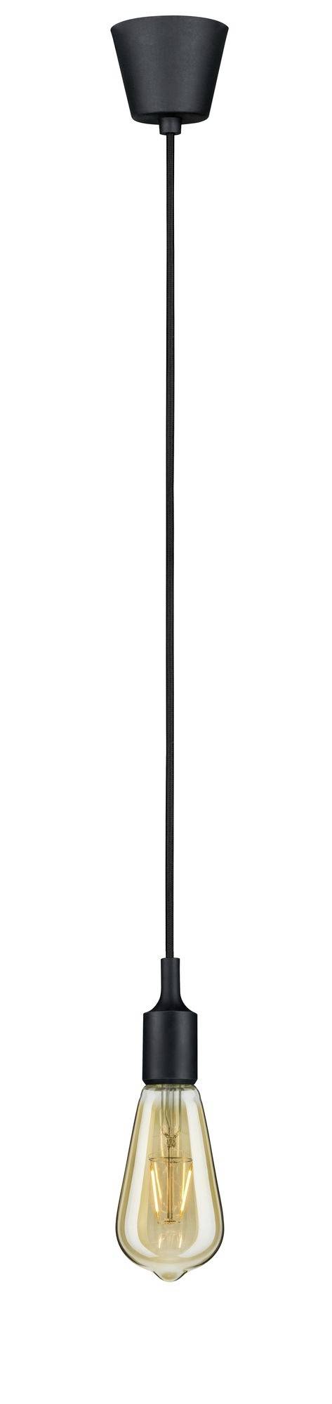 Závesná lampa s čiernym káblom a žltým, kvapkovitým tienidlom v tvare žiarovky. Ideálna pre moderný interiér.