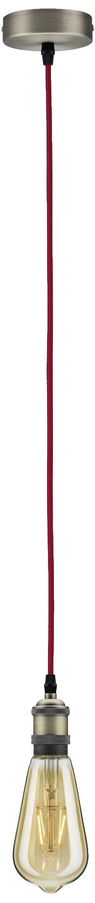 Závesná lampa so skleneným tienidlom a červeným káblom.