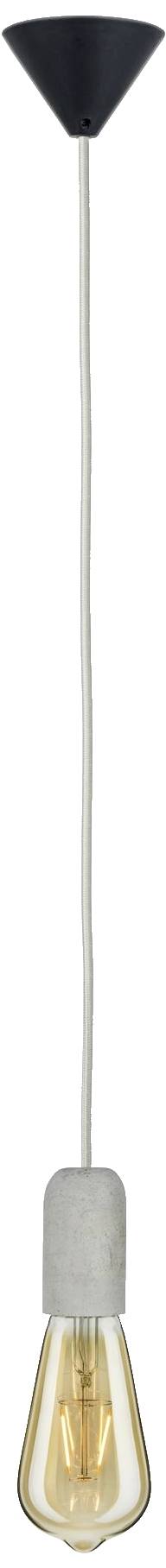 Moderná závesná lampa s čiernym tienidlom, bielym káblom a viditeľnou žiarovkou v betónovom objímke. Ideálna pre minimalistický dizajn.