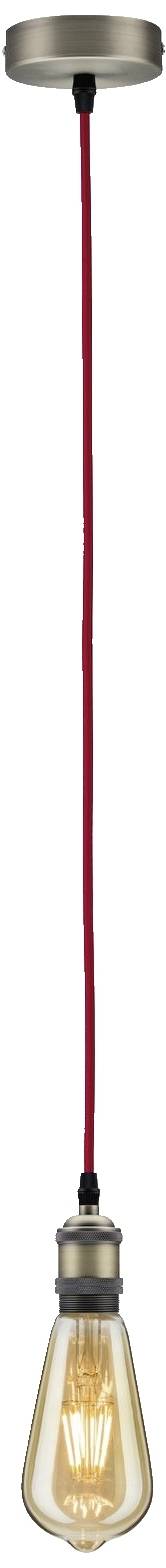 Závesná lampa s červeným káblom a viditeľnou žiarovkou v nostalgickom dizajne.