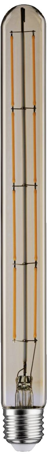 Vertikálna, rúrkovitá žiarovka so syntetickými, oranžovými žeraviacimi vláknami v priehľadnom sklenom púzdre.