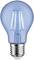 Modrá žiarovka so viditeľnými vláknami a striebornou päticou, zobrazená na bielom pozadí.