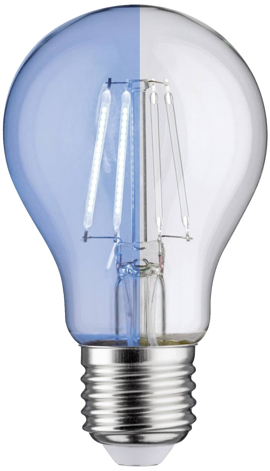 Žiarovka so striebornou päticou a čiastočne modrým sklom. Zobrazuje moderné LED filamentové vlákna vo vnútri a symbolizuje energetickú efektivitu.