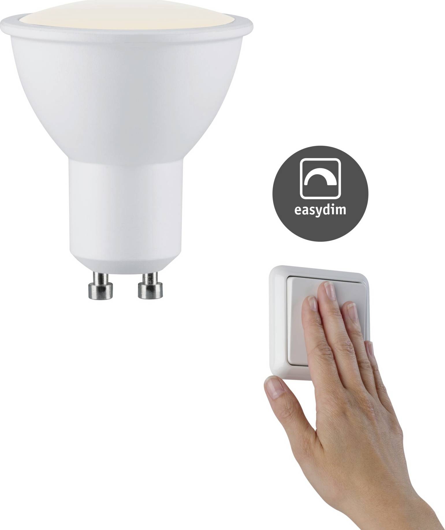 Ruka ovláda vypínač vedľa LED žiarovky s funkciou 'easydim', ktorá reguluje jas.
