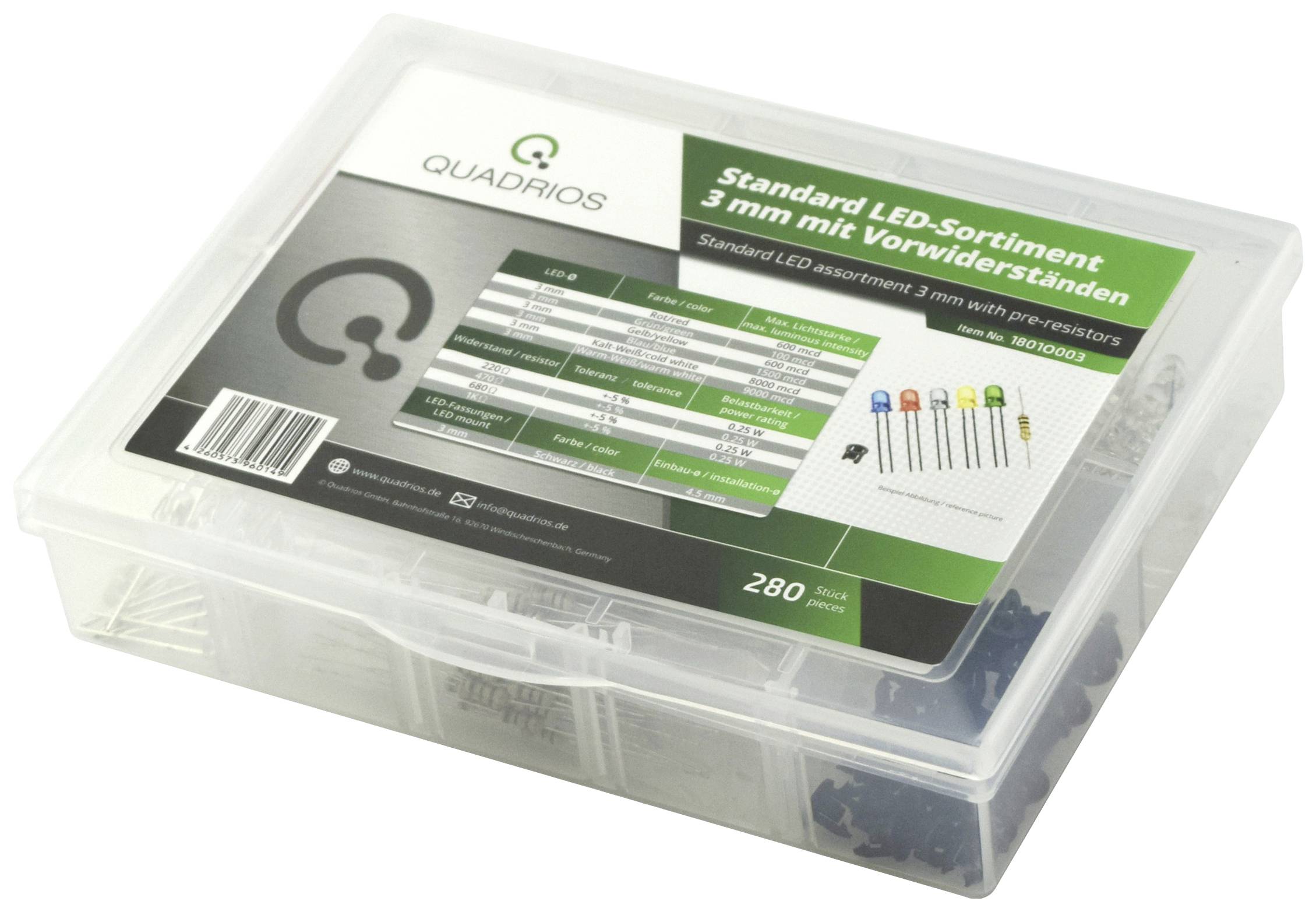 Quadrios LED-assortiment Rood, Groen, Geel, Blauw, Koud-wit, Warm-wit 3 mm 20 mA 3.0 V afbeelding