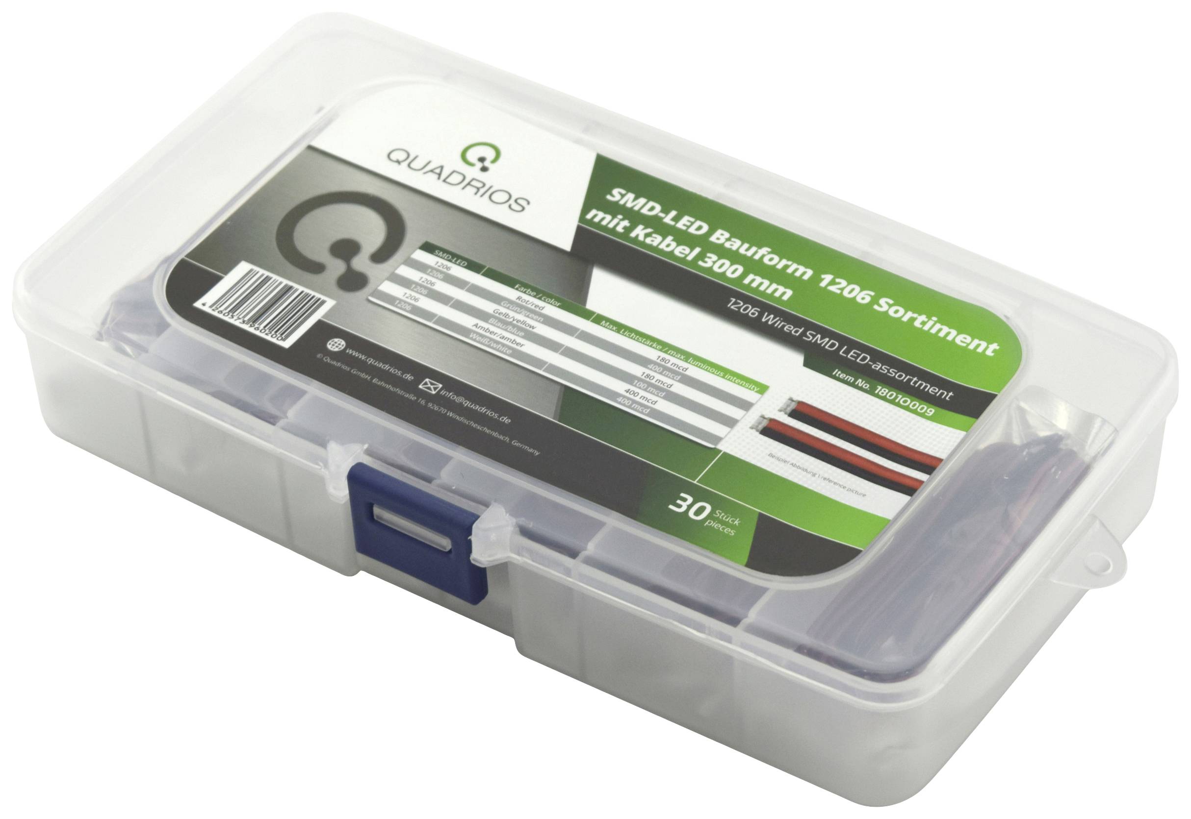 Transparentná plastová škatuľa s modrou chlopňou, naplnená sortimentom SMD LED puzdrá veľkosti 1206 a káblami, značka Quadrios.