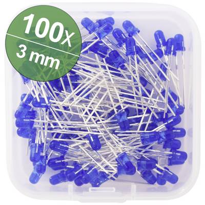 Priehľadná plastová škatuľa obsahuje 100 modrých LED diód s veľkosťou 3 mm.