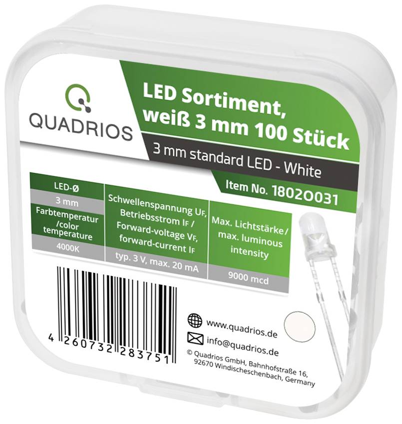 Balenie obsahuje 100 bielych LED, štandardnej veľkosti 3 mm. Štvorcový tvar, značka: Quadrios. Katalógové číslo 18020031.