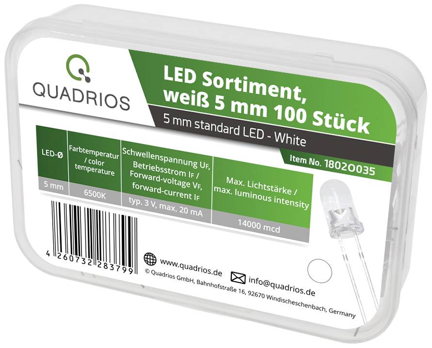 Plastový box so 100 bielymi LED diódami s priemerom 5 mm od spoločnosti Quadrios. Označenie uvádza technické parametre: 5 mm, 6500K, 14000 mcd, 3V, 20 mA.