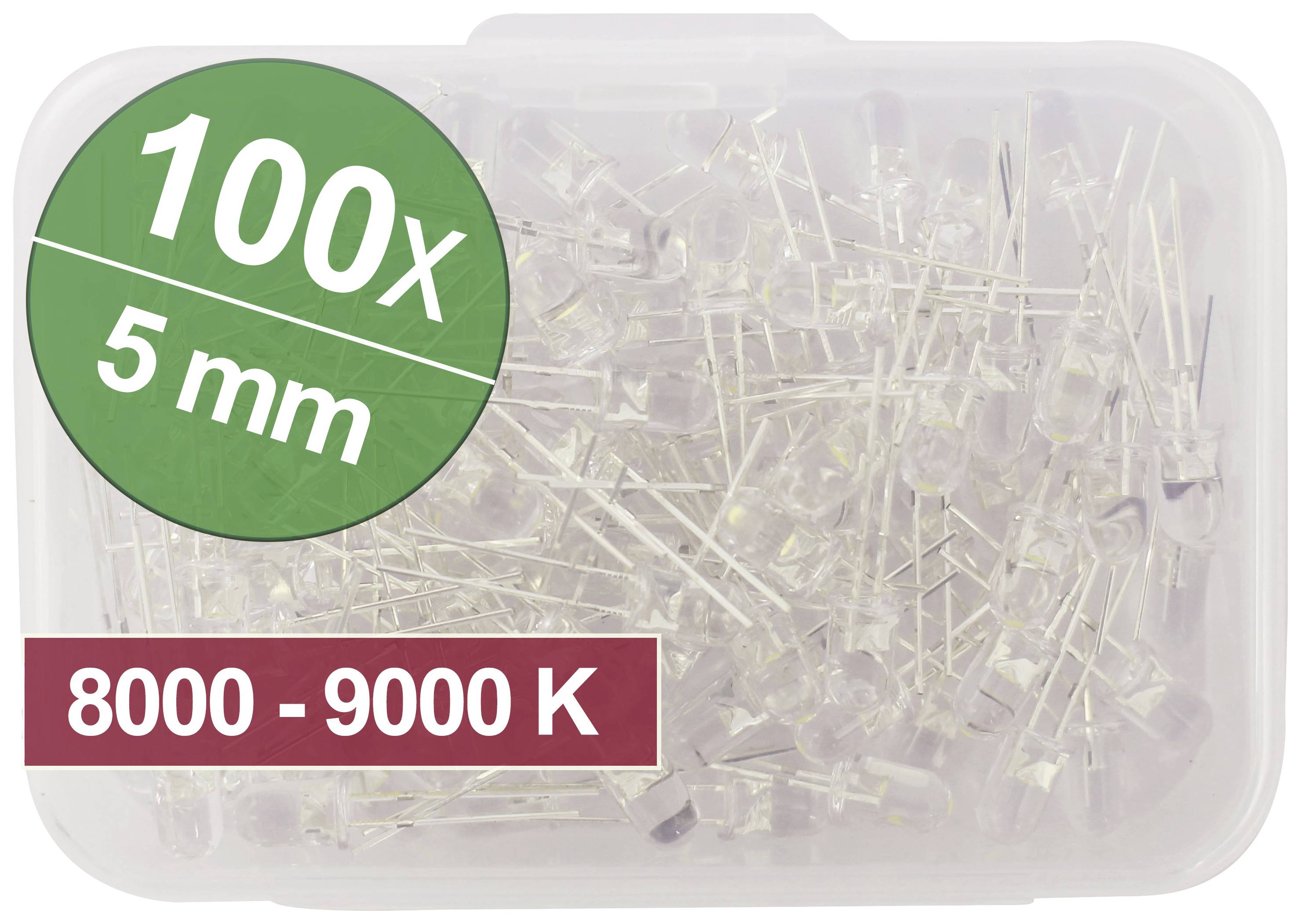 Plastový box so 100 priesvitnými LED diódami, veľkosť 5 mm, rozsah farebnej teploty 8000 - 9000 K, zelený nápis na krabici.