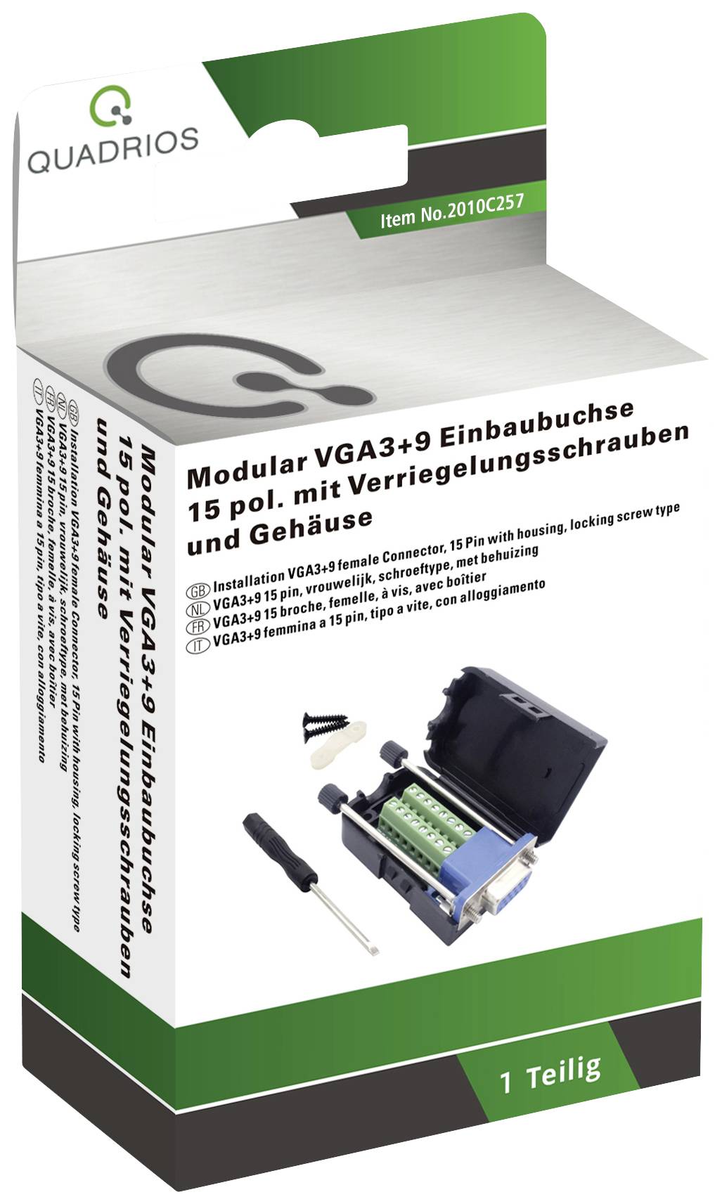 Balenie zobrazuje 'Modulárnu VGA3+9 montážnu zásuvku' od Quadrios. Obsahuje pripojenie so skrutkami, kryt, nástroj na odizolovanie káblov a skrutkovač.