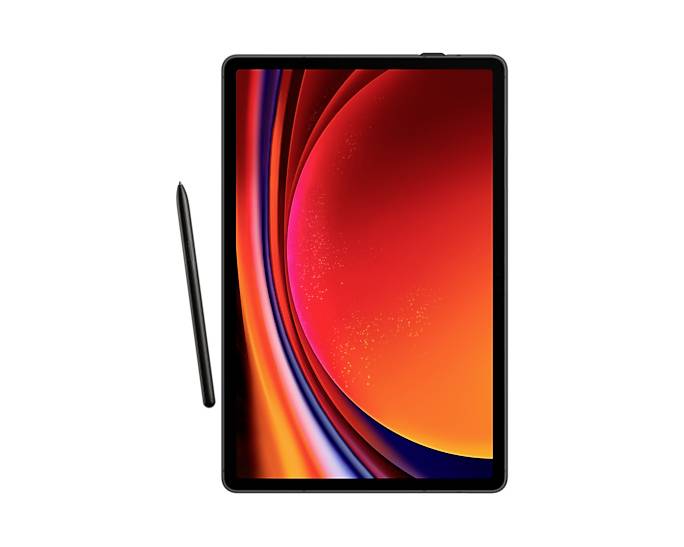 Tablet s čiernym okrajom a jasne oranžovo-červeným displejom. Vedľa neho leží čierny stylus.