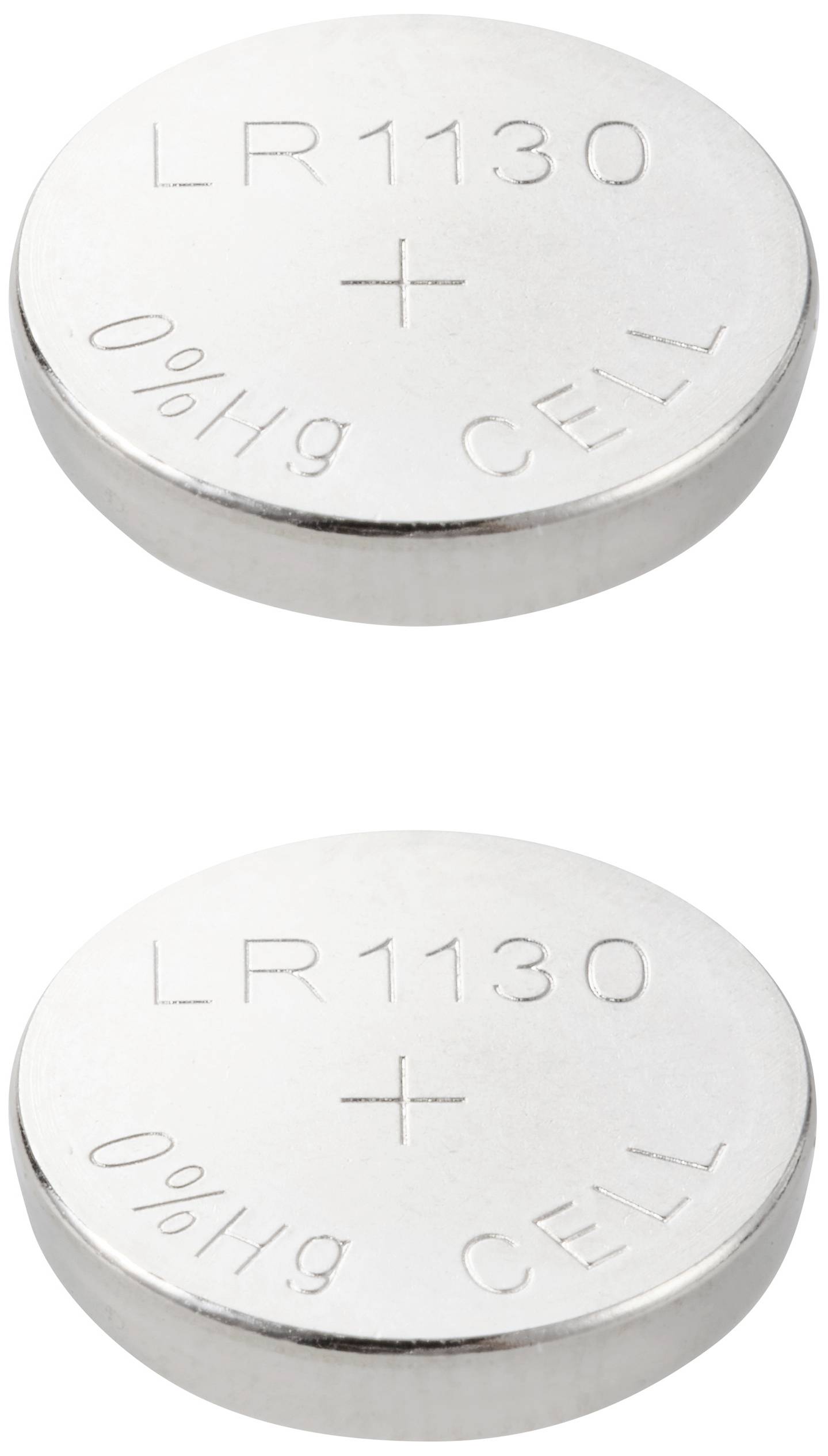 Dve strieborné gombíkové batérie s nápisom 'LR1130' a '0%Hg CELL', umiestnené jedna nad druhou.