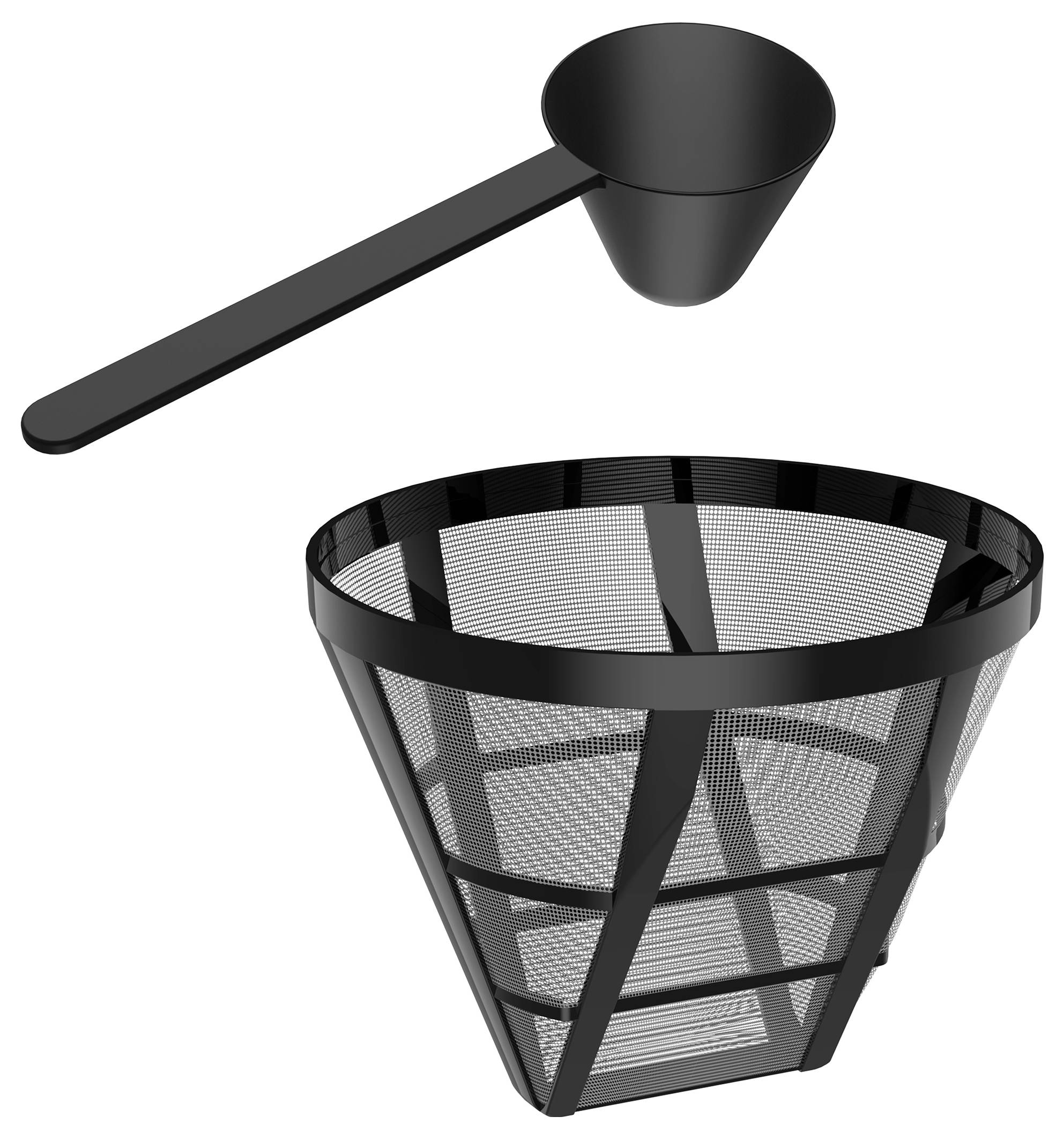Čierna lyžička na kávou a sieťový kávový filter používaný na varenie kávy. Lyžička je navrchu a kužeľovitý filter je dole.