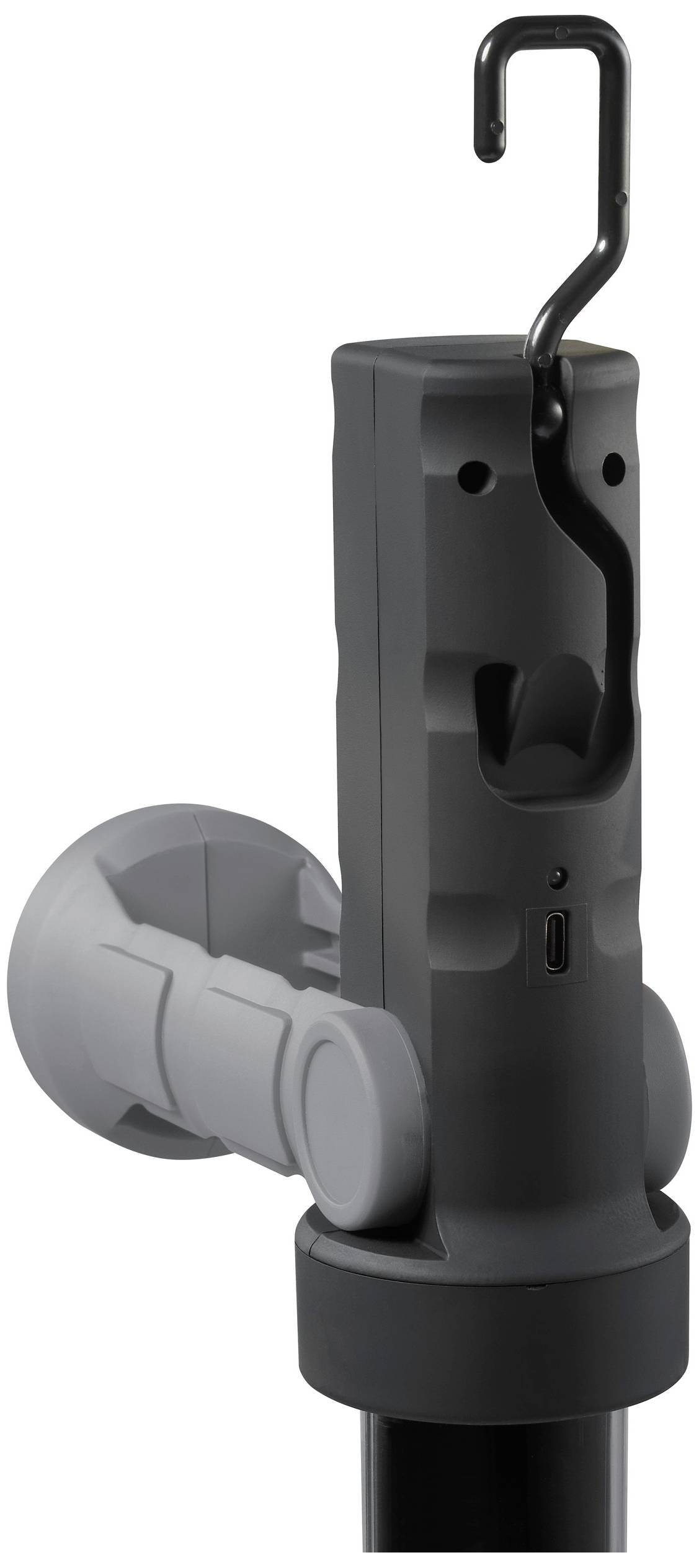 Sivý plastový držiak s hákom, pravdepodobne určený na použitie s domácimi spotrebičmi. Obsahuje USB zásuvku na napájanie.