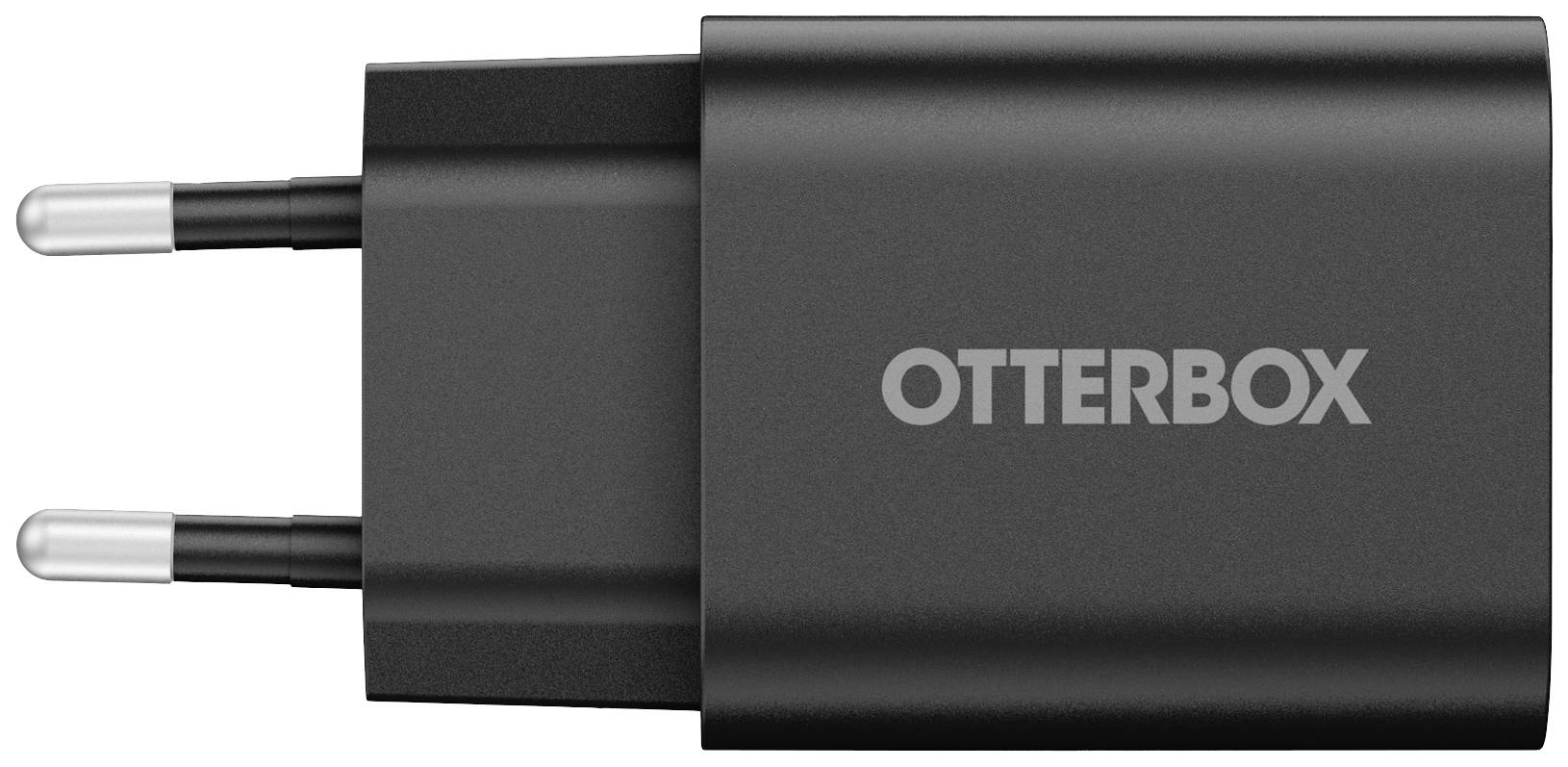 Čierna nabíjačka s dvoma zástrčkami a logom 'OTTERBOX' na boku, zobrazená z profilu s jasným pohľadom na zástrčky.