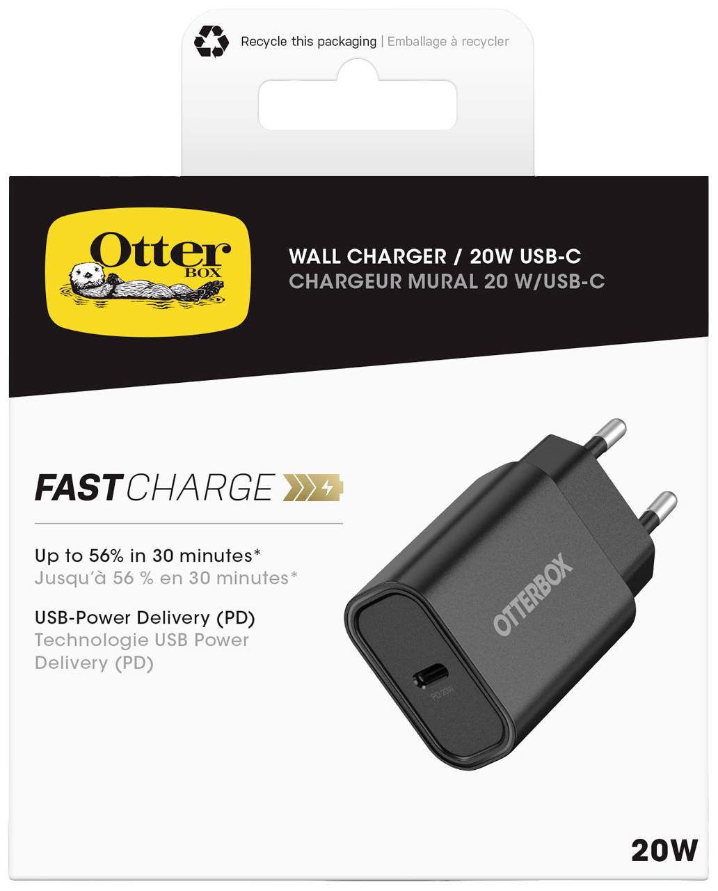 Nástěnná nabíjačka OtterBox 20W USB-C zobrazená, s rýchlou nabíjacou funkciou. Balenie propaguje nabíjanie "až do 56% za 30 minút".