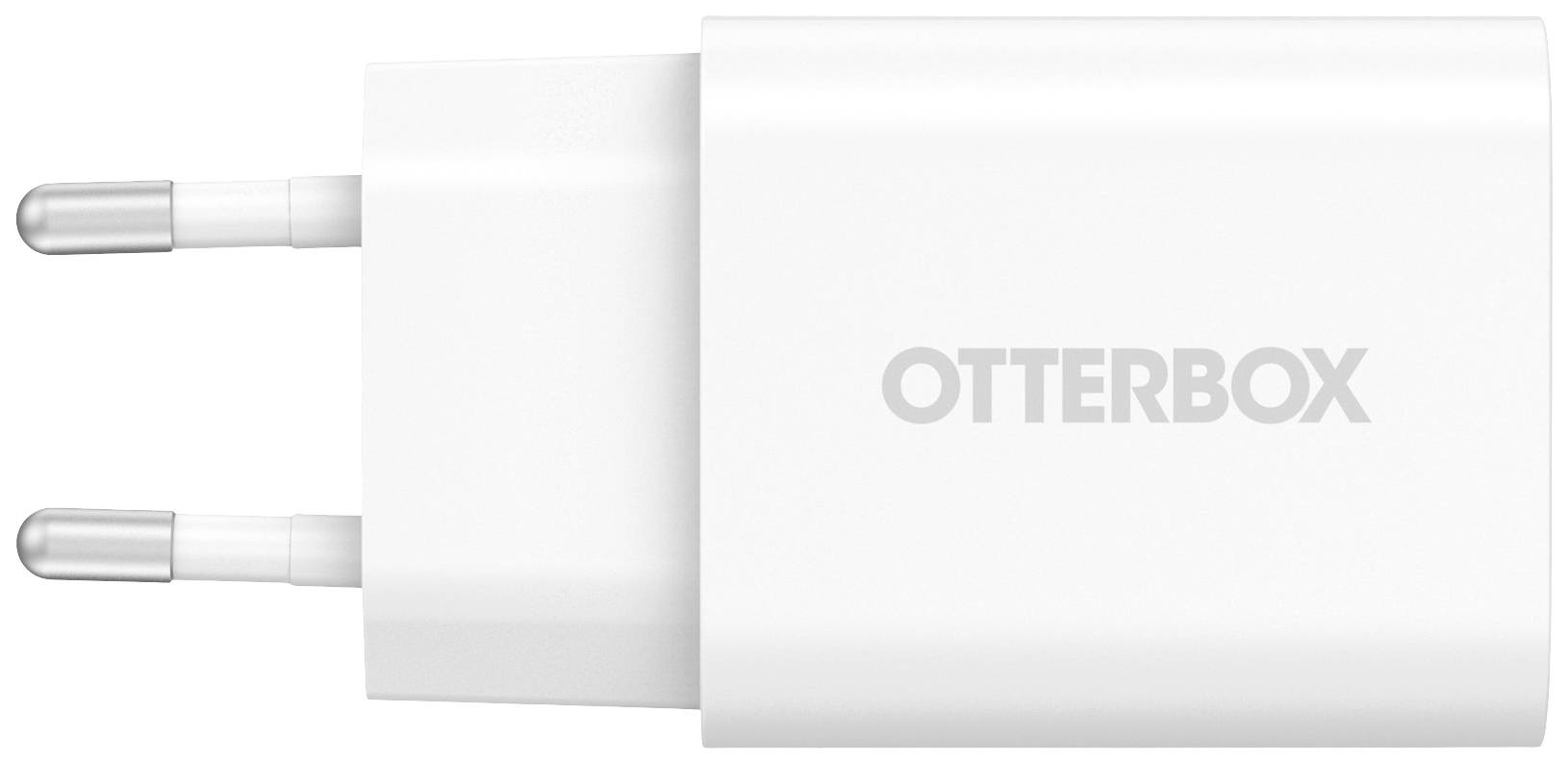 Biela nabíjačka značky Otterbox s dvoma elektrickými kolíkmi.