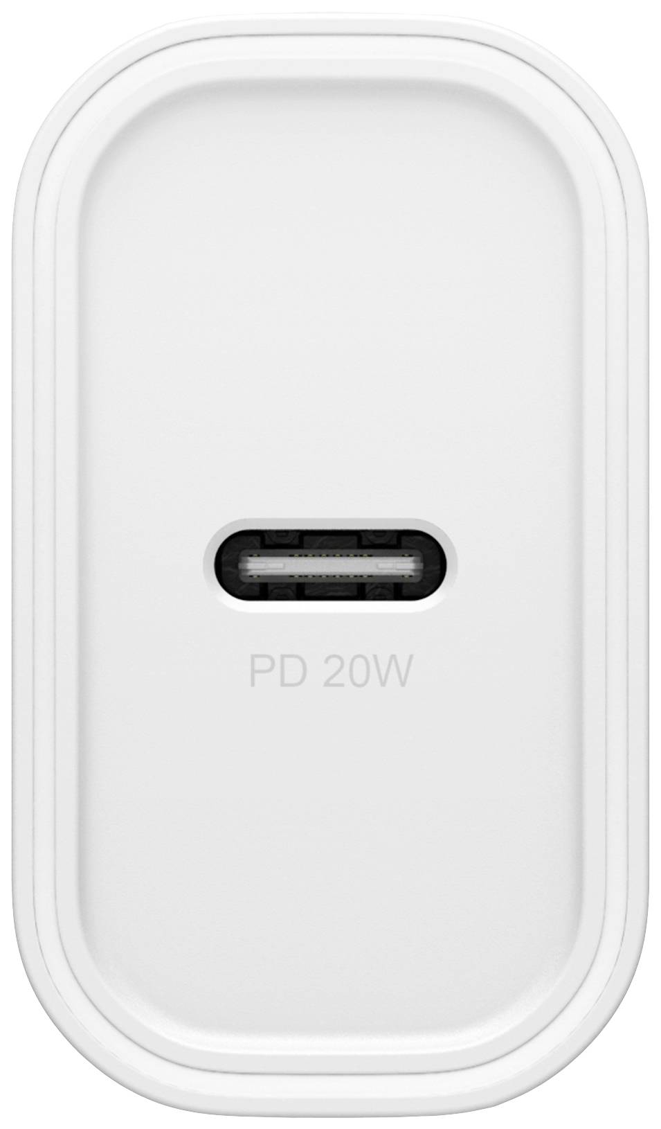 Biele nabíjačka s USB-C portom a nápisom "PD 20W" na prednej strane.