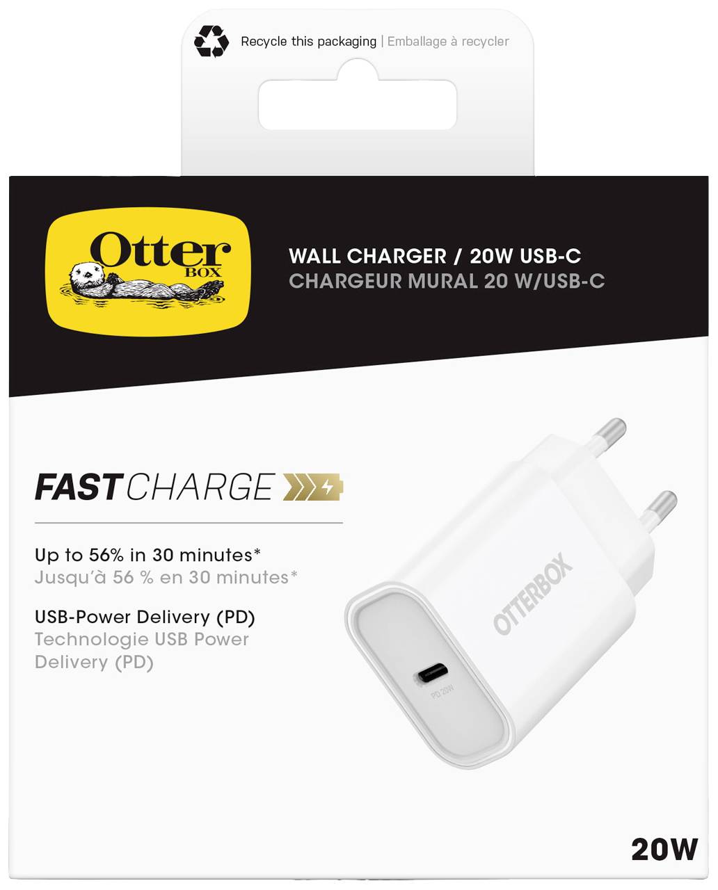 Biela USB-C nabíjačka Otterbox s výkonom 20W. Sľubuje rýchle nabíjanie až do 56 % za 30 minút.