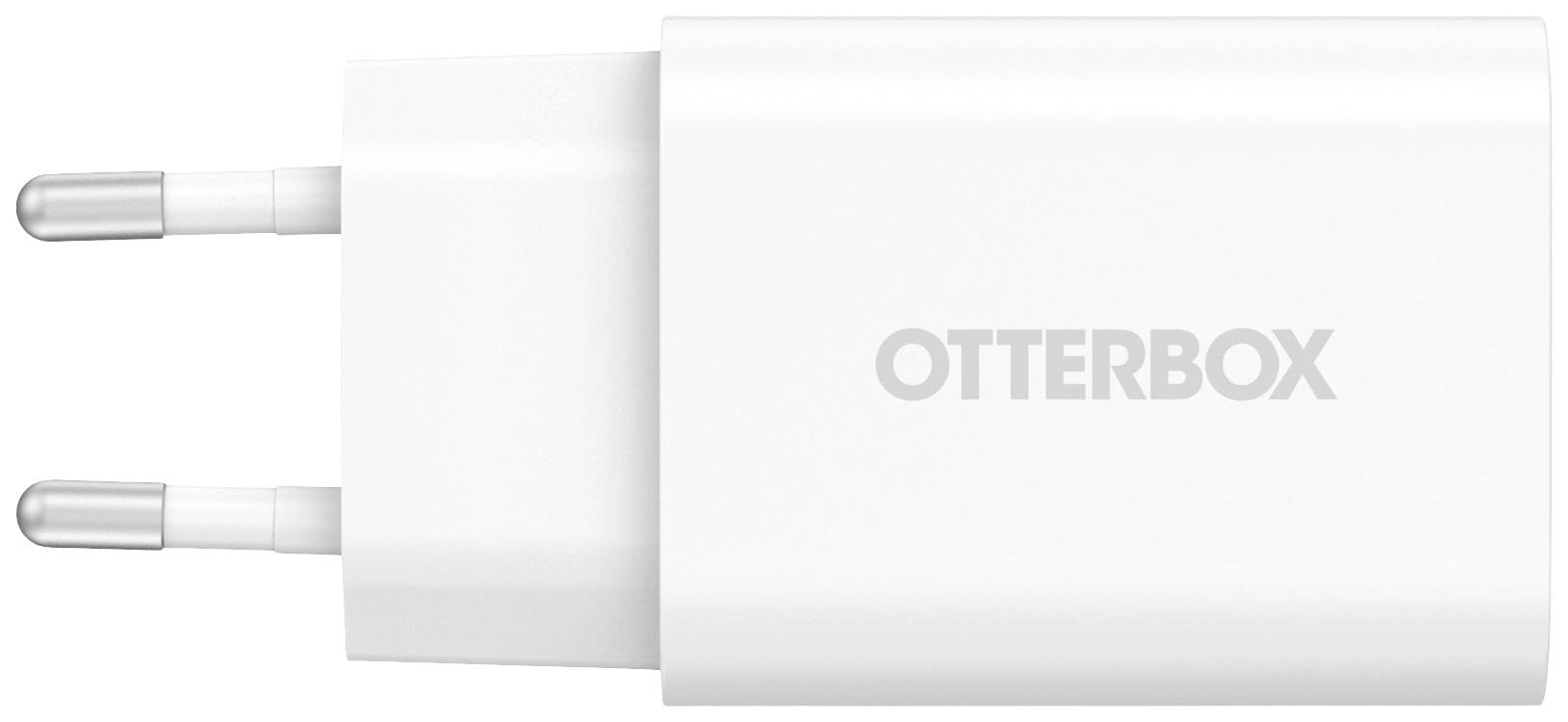 Biela nabíjačka OtterBox s dvoma kolíkmi, umiestnená do strany.